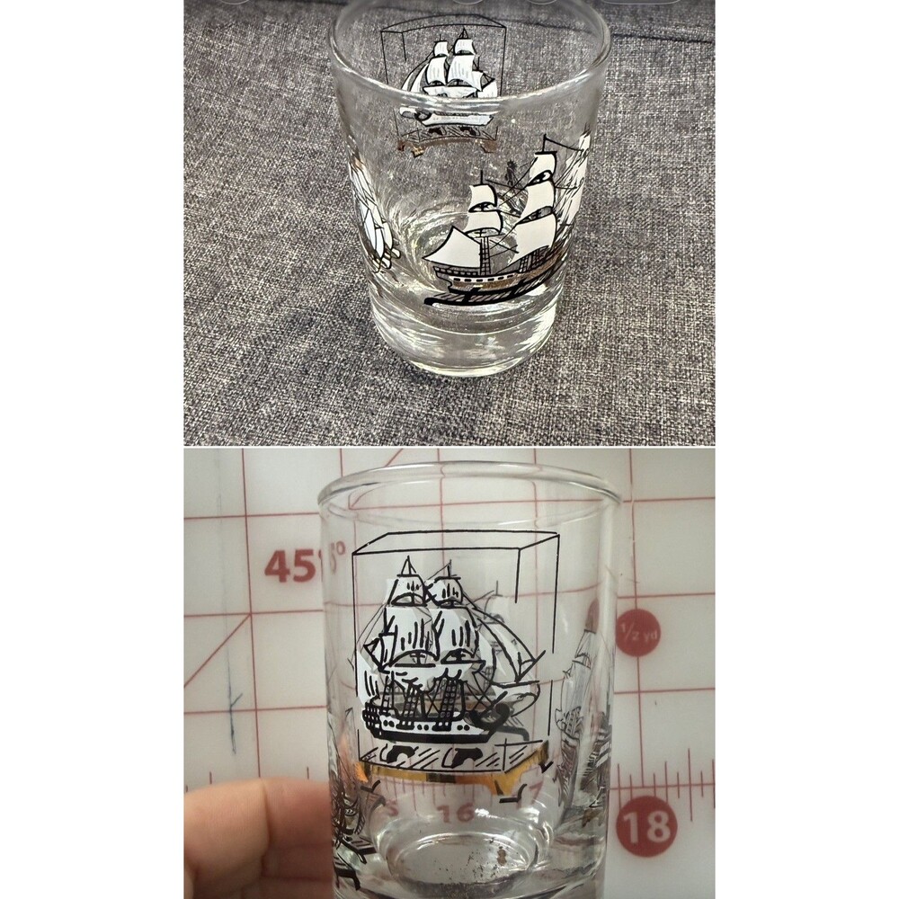Set Of 2 Libbey Nautical Black And Gold Ship Design Whiskey Glasses